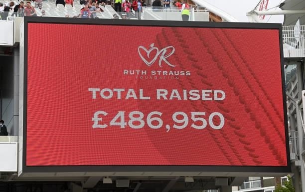 The final Red for Ruth fundraising total is announced at stumps on day two of the Second LV= Insurance Test Match between England and India at Lord's...