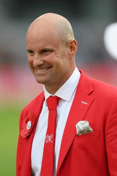 Andrew Strauss wears a red suit to promote the Ruth Strauss Foundation during the Second LV= Insurance Test Match: Day Two between England and India...