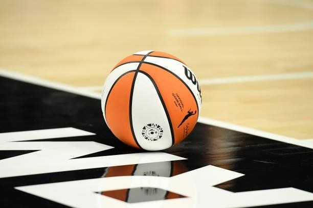 Detail of a basketball on the court during the 2021 Commissioner's Cup Championship Game between the Connecticut Sun and the Seattle Storm at...