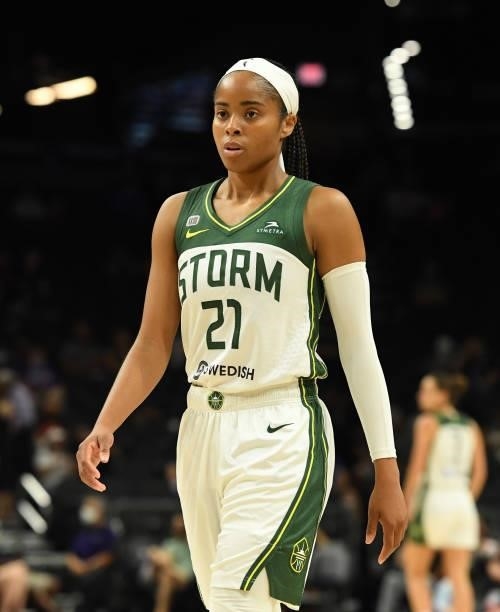 Jordin Canada of the Seattle Storm walks up court against the Connecticut Sun during the 2021 Commissioner's Cup Championship Game at Footprint...