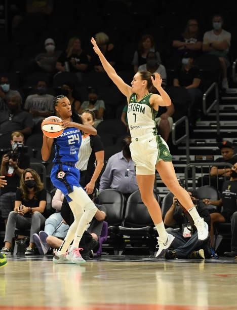 Stephanie Talbot of the Seattle Storm defends against DeWanna Bonner of the Connecticut Sun during the 2021 Commissioner's Cup Championship Game at...