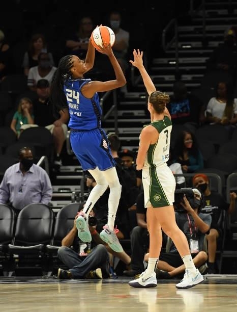 DeWanna Bonner of the Connecticut Sun shoots a jump shot over Stephanie Talbot of the Seattle Storm during the 2021 Commissioner's Cup Championship...
