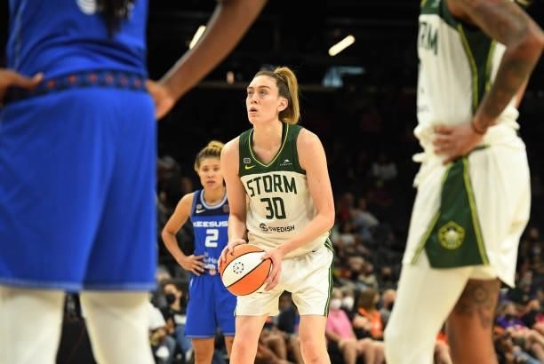 Breanna Stewart of the Seattle Storm prepares to take a free throw against the Connecticut Sun during the 2021 Commissioner's Cup Championship Game...