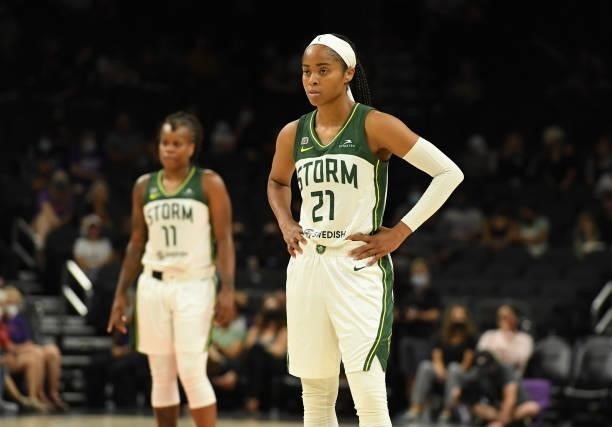 Jordin Canada of the Seattle Storm looks up court against the Connecticut Sun during the 2021 Commissioner's Cup Championship Game at Footprint...