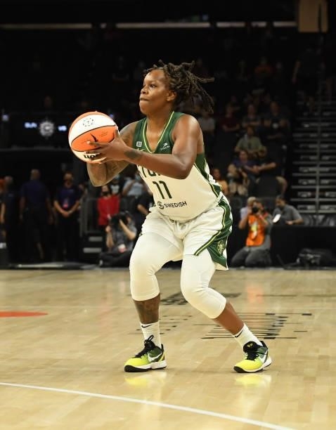 Epiphanny Prince of the Seattle Storm takes a three point attempt against the Connecticut Sun during the 2021 Commissioner's Cup Championship Game at...