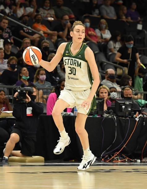 Breanna Stewart of the Seattle Storm brings the ball up court against the Connecticut Sun during the 2021 Commissioner's Cup Championship Game at...
