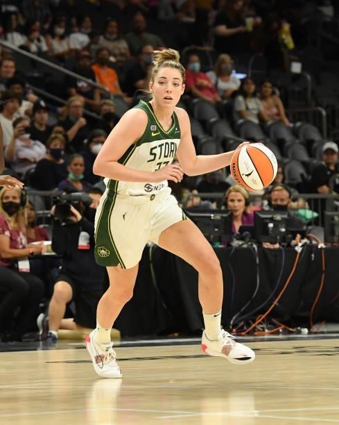 Katie Lou Samuelson of the Seattle Storm dribbles the ball against the Connecticut Sun during the 2021 Commissioner's Cup Championship Game at...