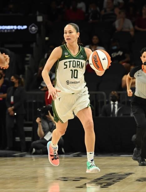 Sue Bird of the Seattle Storm brings the ball up court against the Connecticut Sun during the 2021 Commissioner's Cup Championship Game at Footprint...