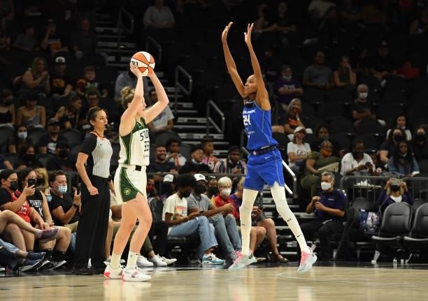 DeWanna Bonner of the Connecticut Sun defends against Katie Lou Samuelson of the Seattle Storm during the 2021 Commissioner's Cup Championship Game...