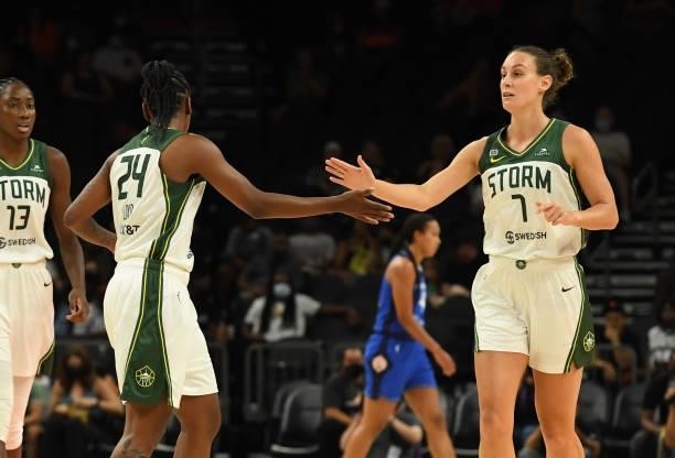 Stephanie Talbot of the Seattle Storm celebrates with Jewell Loyd against the Connecticut Sun during the 2021 Commissioner's Cup Championship Game at...