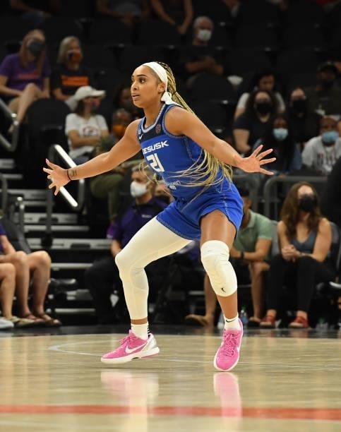 DiJonai Carrington of the Connecticut Sun defends against the Seattle Storm during the 2021 Commissioner's Cup Championship Game at Footprint Center...