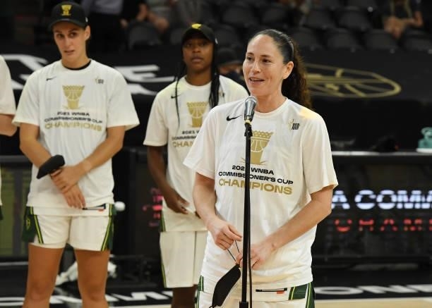 Sue Bird of the Seattle Storm celebrates with teammates after a 79-59 win against the Connecticut Sun during the 2021 Commissioner's Cup Championship...