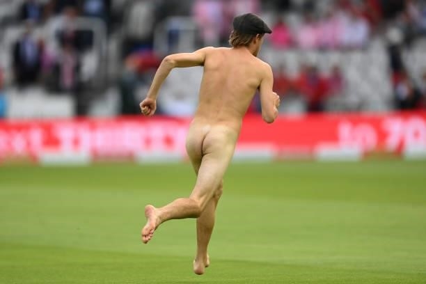 Streaker runs on the field after the second day of the 2nd LV= Test match between England and India at Lord's Cricket Ground on August 13, 2021 in...