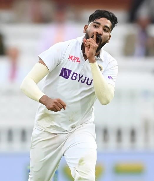 Mohammed Siraj of India gestures during the second day of the 2nd LV= Test match between England and India at Lord's Cricket Ground on August 13,...