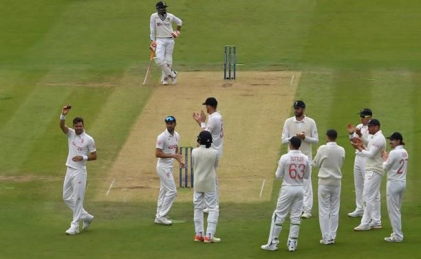 James Anderson of England celebrates after dismissing Jasprit Bumrah of India and claiming his fifth wicket during the second day of the 2nd LV= Test...