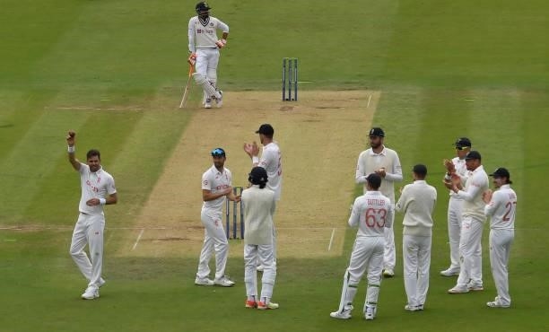 James Anderson of England celebrates after dismissing Jasprit Bumrah of India and claiming his fifth wicket during the second day of the 2nd LV= Test...