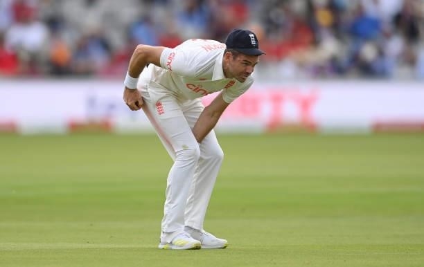 James Anderson of England shines the ball during the second day of the 2nd LV= Test match between England and India at Lord's Cricket Ground on...