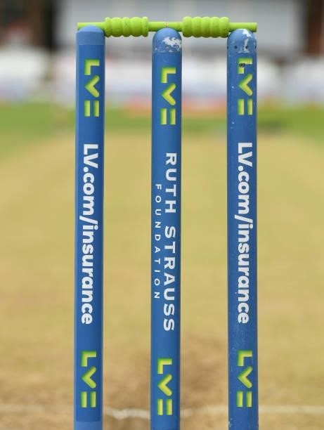 Close up of the stumps before the second day of the 2nd LV= Test match between England and India at Lord's Cricket Ground on August 13, 2021 in...