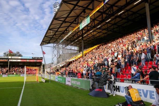 Fans of Go Ahead Eagles during the Dutch Eredivisie match between Go Ahead Eagles and SC Heerenveen at De Adelaarshorst on August 14, 2021 in...