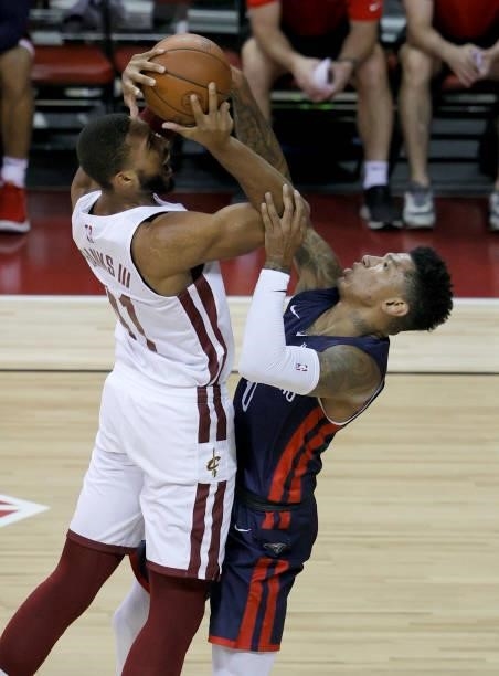 James Banks III of the Cleveland Cavaliers shoots against Didi Louzada of the New Orleans Pelicans during the 2021 NBA Summer League at the Thomas &...
