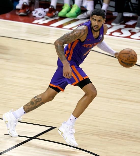 Obi Toppin of the New York Knicks brings the ball up the court against the Detroit Pistons during the 2021 NBA Summer League at the Thomas & Mack...