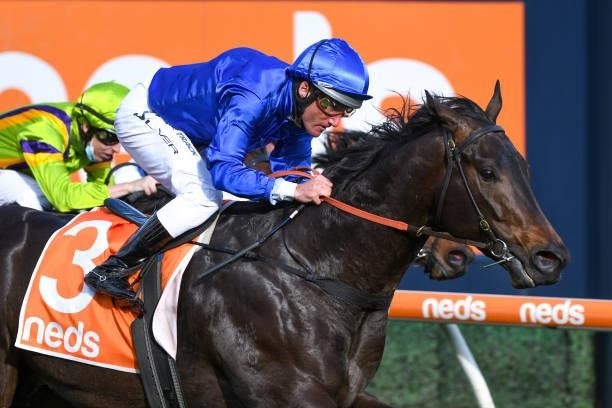 Damien Oliver riding Ingratiating winning race 6, the Neds Vain Stakes, during Melbourne Racing at Caulfield Racecourse on August 14, 2021 in...