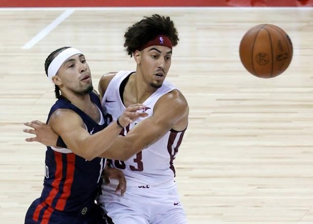 Jose Alvarado of the New Orleans Pelicans passes against Brodric Thomas of the Cleveland Cavaliers during the 2021 NBA Summer League at the Thomas &...