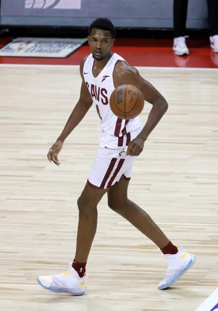 Evan Mobley of the Cleveland Cavaliers walks on the court during a game against the Detroit Pistons during the 2021 NBA Summer League at the Thomas &...