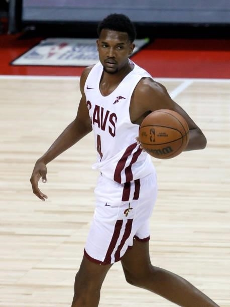 Evan Mobley of the Cleveland Cavaliers walks on the court during a game against the Detroit Pistons during the 2021 NBA Summer League at the Thomas &...