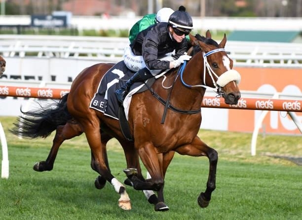 Jamie Kah riding Gimmie Par winning Race 7, the Beck Probuild Quezette Stakes, during Melbourne Racing at Caulfield Racecourse on August 14, 2021 in...