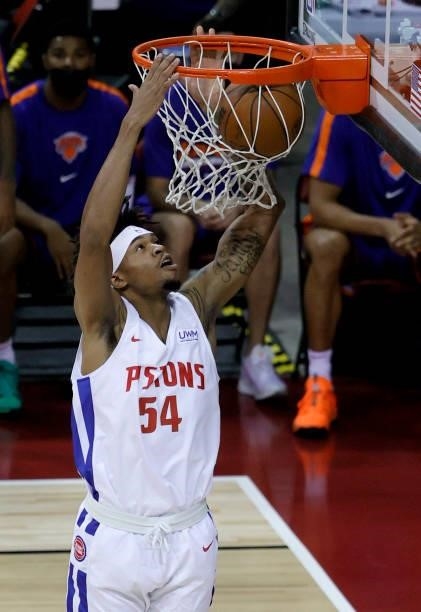 Jamorko Pickett of the Detroit Pistons dunks against the New York Knicks during the 2021 NBA Summer League at the Thomas & Mack Center on August 13,...