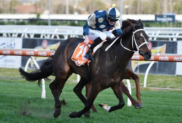 John Allen riding Sierra Sue winning Race 8, the P.b. Lawrence Stakes, during Melbourne Racing at Caulfield Racecourse on August 14, 2021 in...