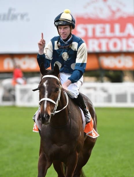 John Allen riding Sierra Sue after winning Race 8, the P.b. Lawrence Stakes, during Melbourne Racing at Caulfield Racecourse on August 14, 2021 in...