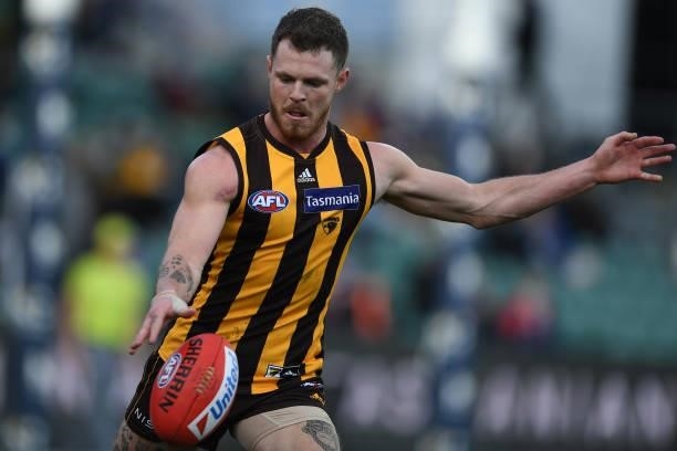 Blake Hardwick of the Hawks in action during the round 22 AFL match between Hawthorn Hawks and Western Bulldogs at University of Tasmania Stadium on...