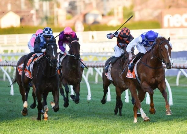 Declan Bates riding Pintoff winning Race 9, the Evergreen Turf Regal Roller Stakes, during Melbourne Racing at Caulfield Racecourse on August 14,...