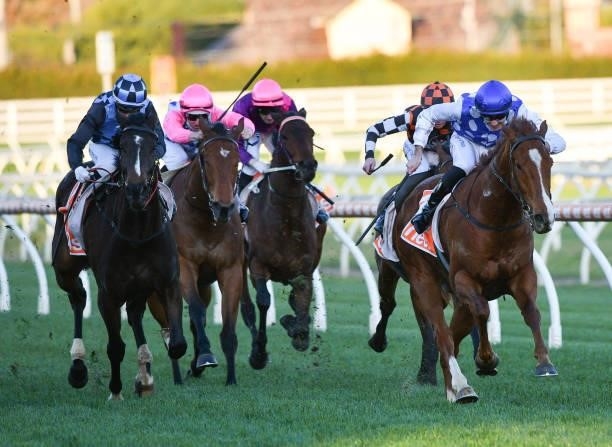 Declan Bates riding Pintoff winning Race 9, the Evergreen Turf Regal Roller Stakes, during Melbourne Racing at Caulfield Racecourse on August 14,...
