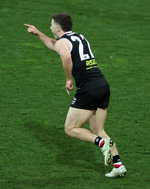 Jack Higgins of the Saints celebrates after scoring a goal during the round 22 AFL match between Geelong Cats and St Kilda Saints at GMHBA Stadium on...