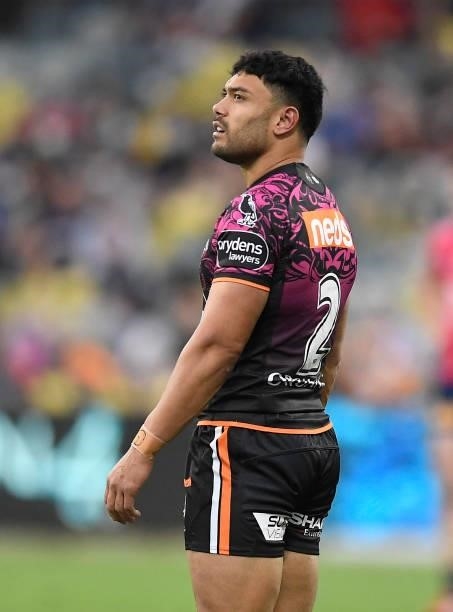 David Nofoaluma of the Tigers looks on during the round 22 NRL match between the North Queensland Cowboys and the Wests Tigers at QCB Stadium, on...