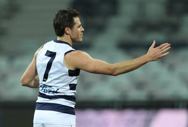 Isaac Smith of the Cats celebrates after scoring a goal during the round 22 AFL match between Geelong Cats and St Kilda Saints at GMHBA Stadium on...