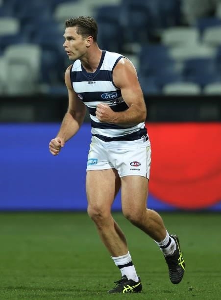 Tom Hawkins of the Cats celebrates after scoring a goal during the round 22 AFL match between Geelong Cats and St Kilda Saints at GMHBA Stadium on...
