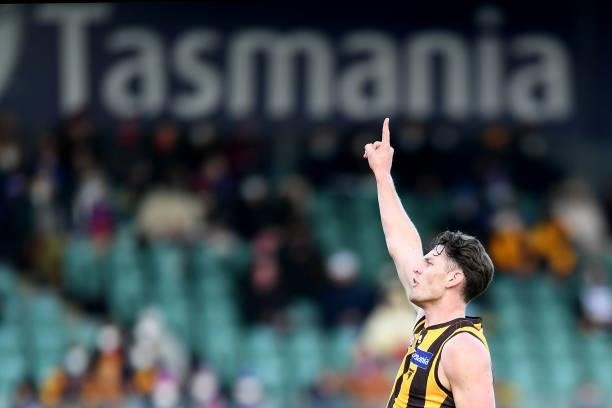 Jacob Koschitzke of the Hawks celebrates a goal during the round 22 AFL match between Hawthorn Hawks and Western Bulldogs at University of Tasmania...
