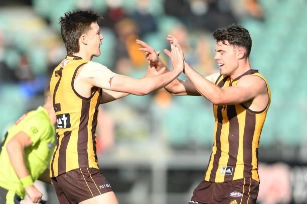Mitch Lewis and Conor Nash of the Hawks celebrate a goal during the round 22 AFL match between Hawthorn Hawks and Western Bulldogs at University of...
