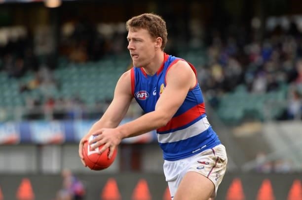 Lachie Hunter of the Bulldogs in action during the round 22 AFL match between Hawthorn Hawks and Western Bulldogs at University of Tasmania Stadium...