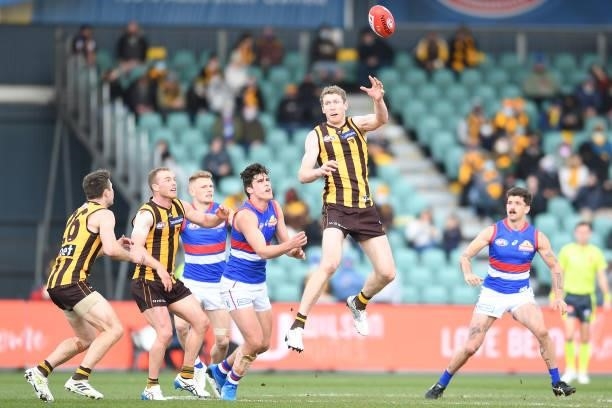 Ben McEvoy of the Hawks contests the ball during the round 22 AFL match between Hawthorn Hawks and Western Bulldogs at University of Tasmania Stadium...