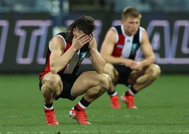 Jack Sinclair of the Saints looks dejected after the Saints were defeated by the Cats during the round 22 AFL match between Geelong Cats and St Kilda...