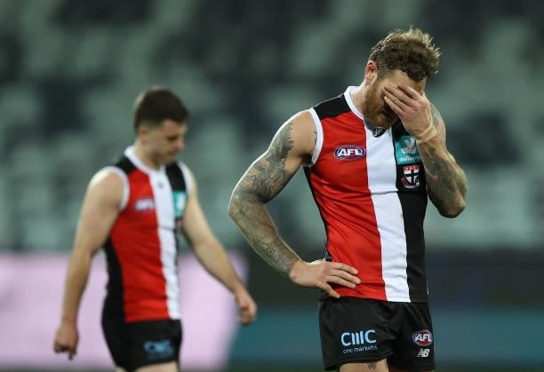 Tim Membrey of the Saints looks dejected after the Saints were defeated by the Cats during the round 22 AFL match between Geelong Cats and St Kilda...