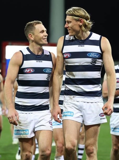 Joel Selwood and Rhys Stanley of the Cats are seen after the Cats defeated the Saints during the round 22 AFL match between Geelong Cats and St Kilda...