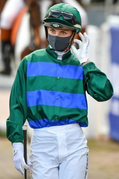 Jamie Kah wearing face mask is seen before Race 4, the Mark Mazzaglia Handicap, during Melbourne Racing at Caulfield Racecourse on August 14, 2021 in...