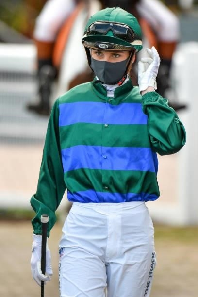 Jamie Kah wearing face mask is seen before Race 4, the Mark Mazzaglia Handicap, during Melbourne Racing at Caulfield Racecourse on August 14, 2021 in...