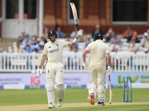 Joe Root of England reaches his half century at Lord's Cricket Ground during the third day of the 2nd LV= Test match between England and India at...